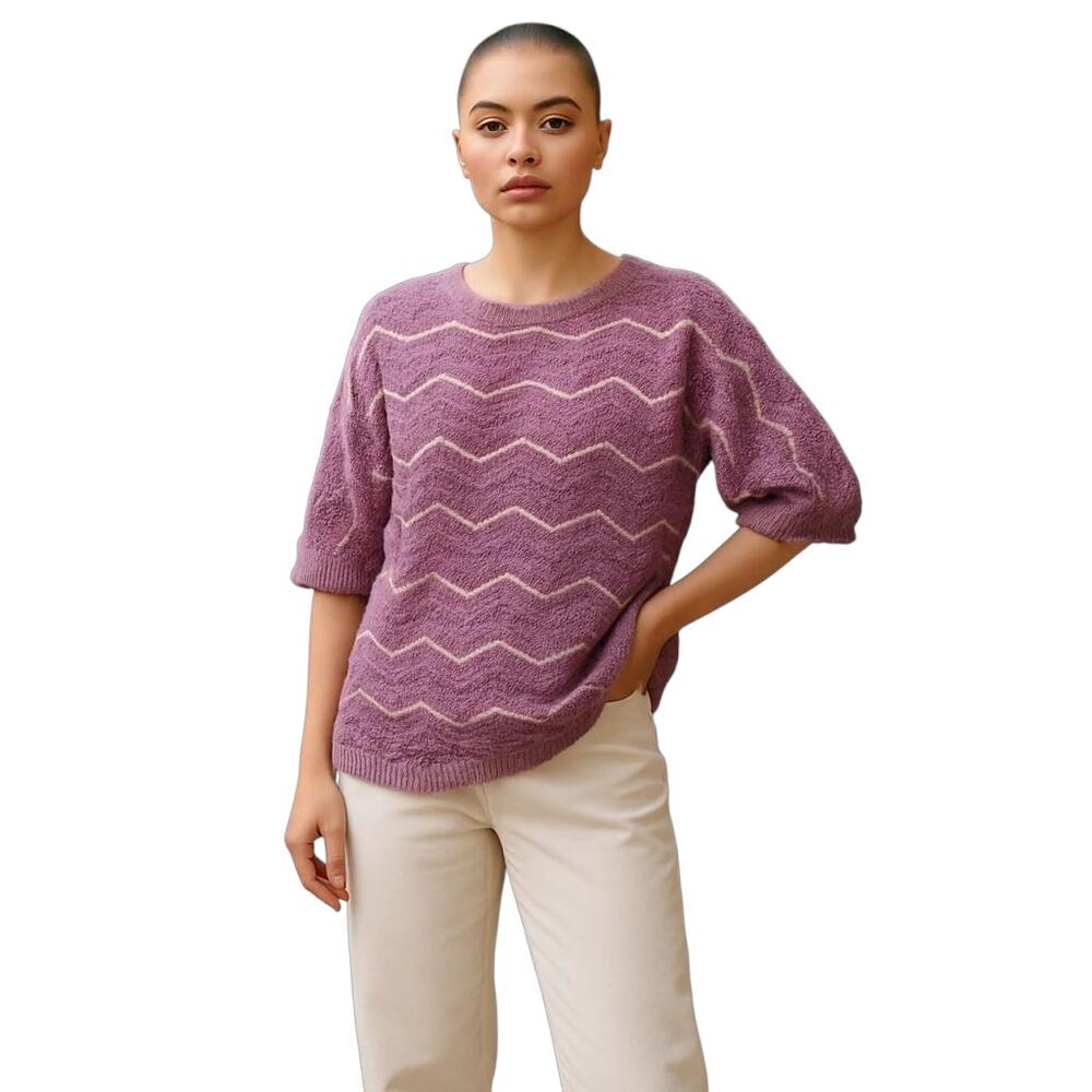 Womens M L Hand‎ Knit Handmade Purple Short Sleeve Sweater Grannycore Cottage